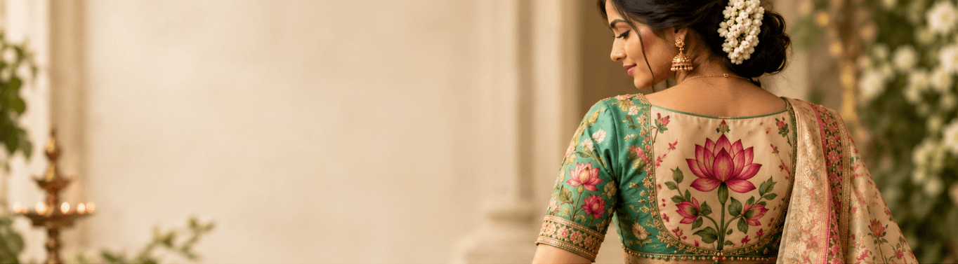 Teal Aari blouse with floral embroidery